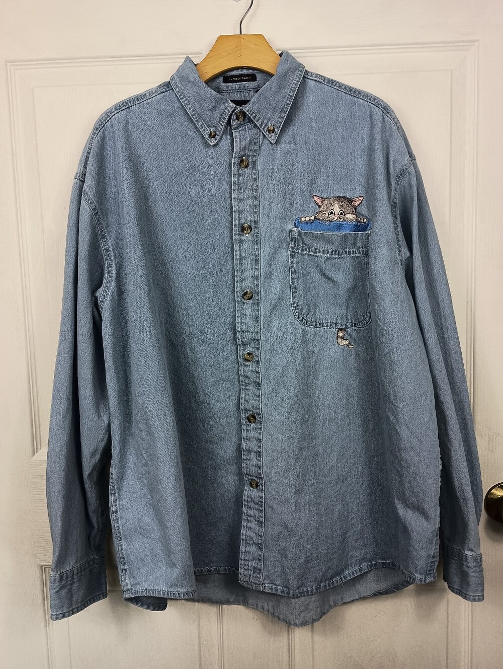 Vintage 90s Denim Shirt Unisex 3XL Blue Embroidered Cat Pocket Oversized Y2K